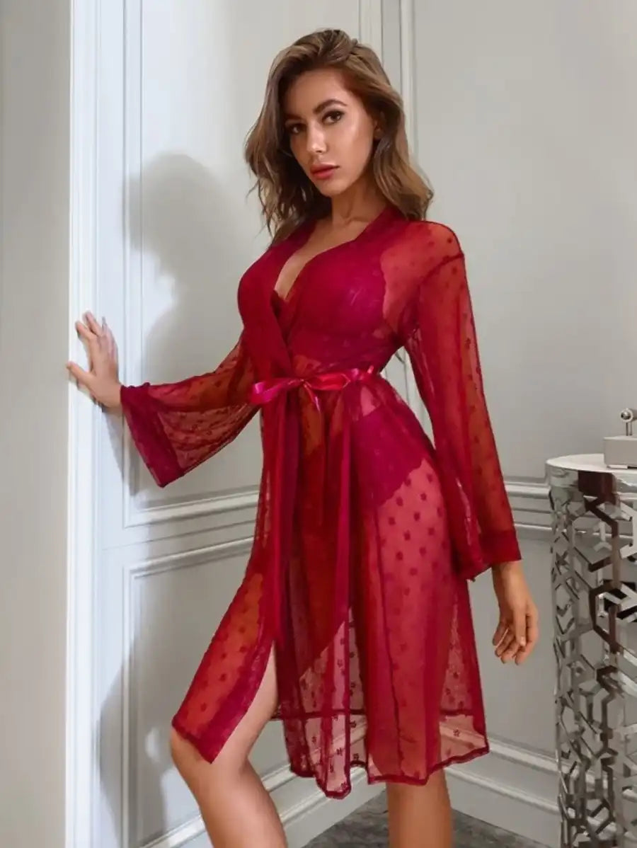 3 Pack Floral Lace Lingerie Set With Mesh Robe-Soco Hoodie