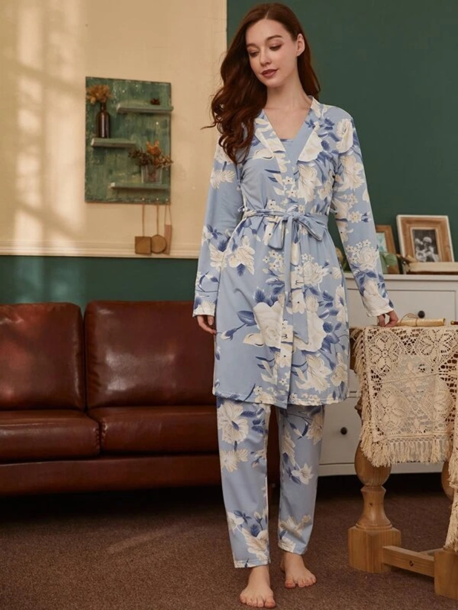 3 Piece Floral Print Belted Robe Set-Soco Hoodie