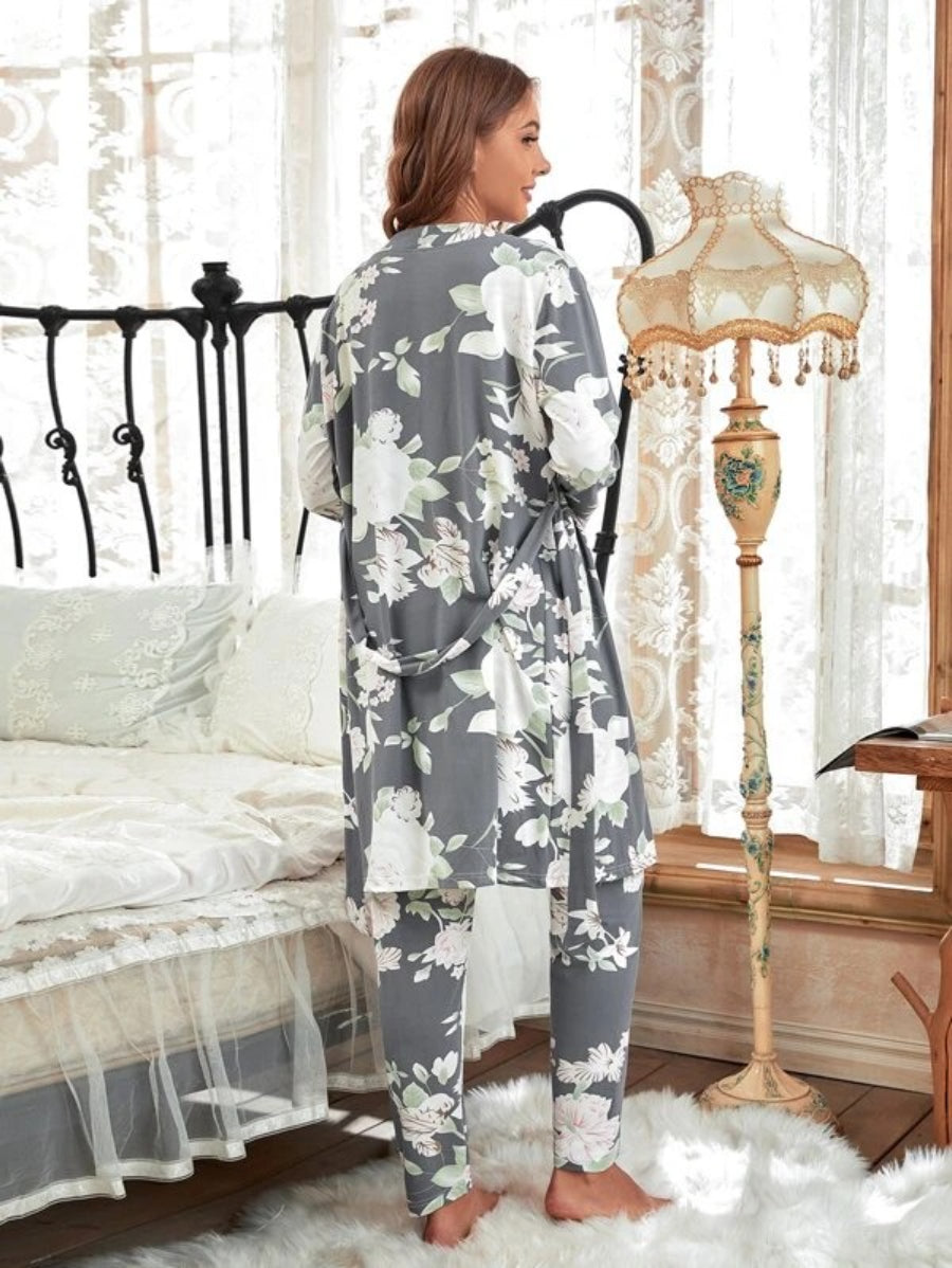 3 Piece Floral Print Belted Robe Set-Soco Hoodie