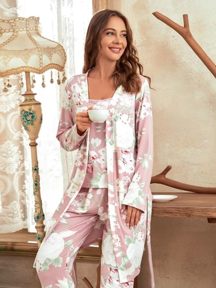 3 Piece Floral Print Belted Robe Set-Soco Hoodie