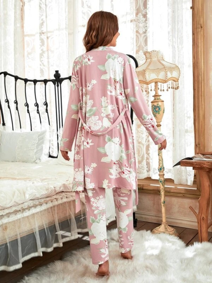 3 Piece Floral Print Belted Robe Set-Soco Hoodie