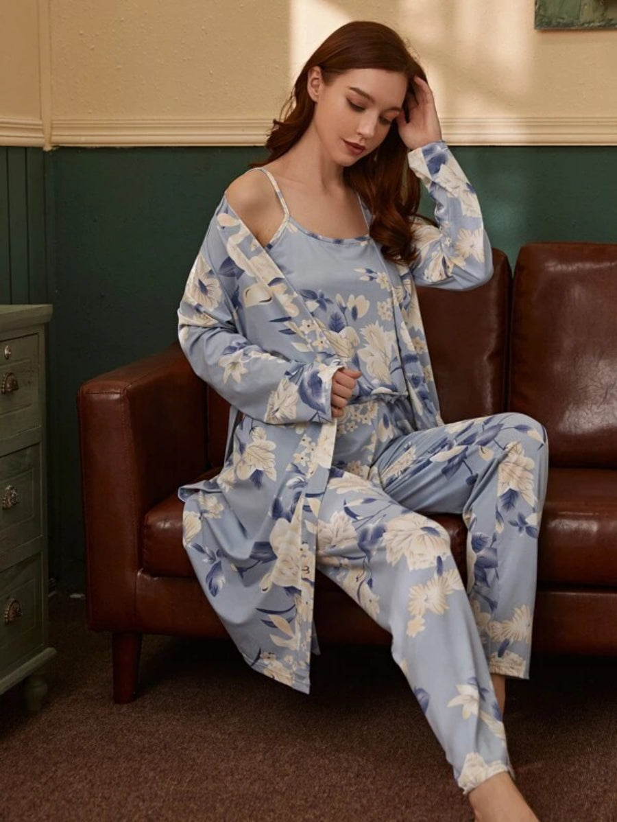 3 Piece Floral Print Belted Robe Set-Soco Hoodie