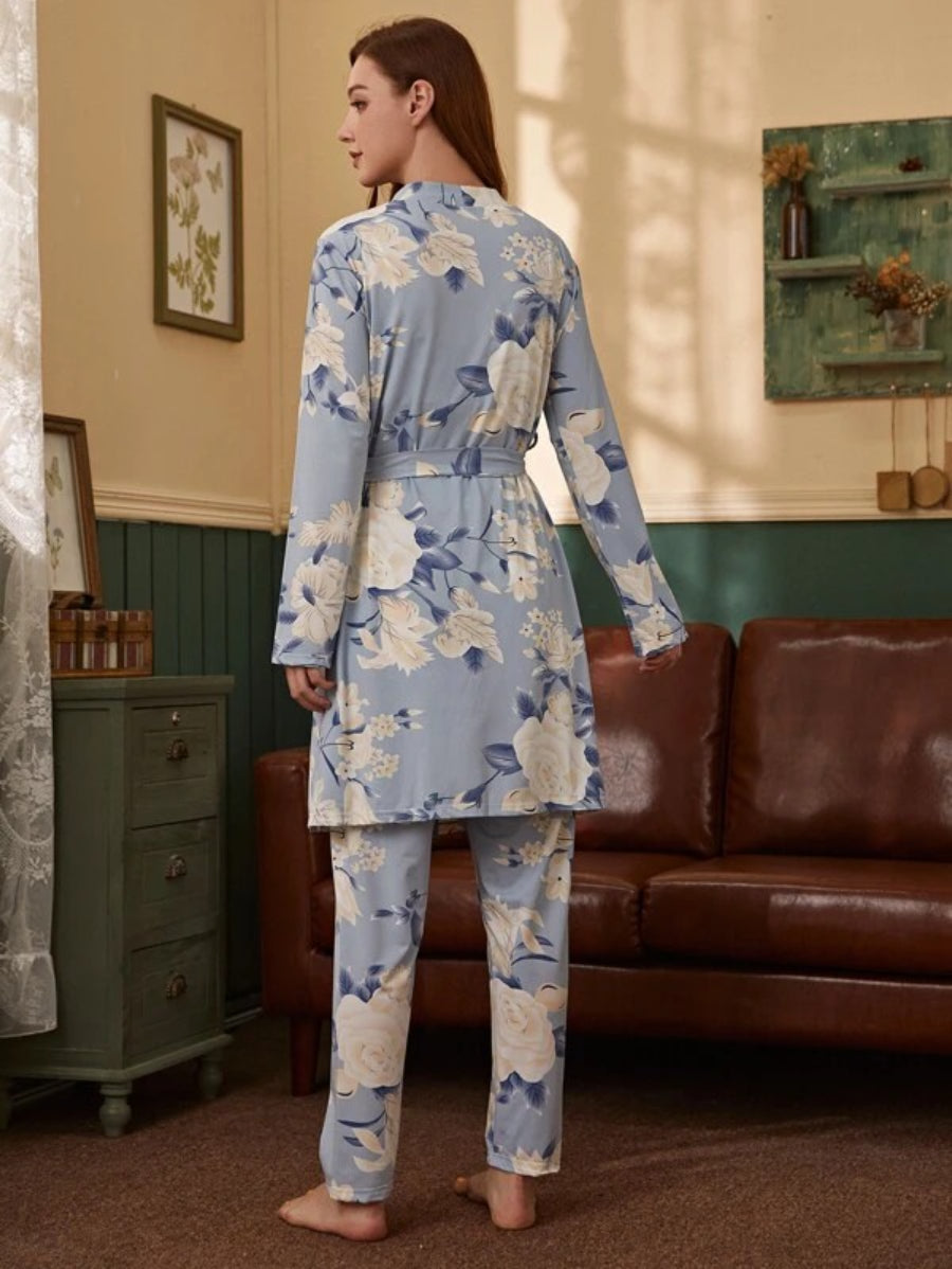 3 Piece Floral Print Belted Robe Set-Soco Hoodie