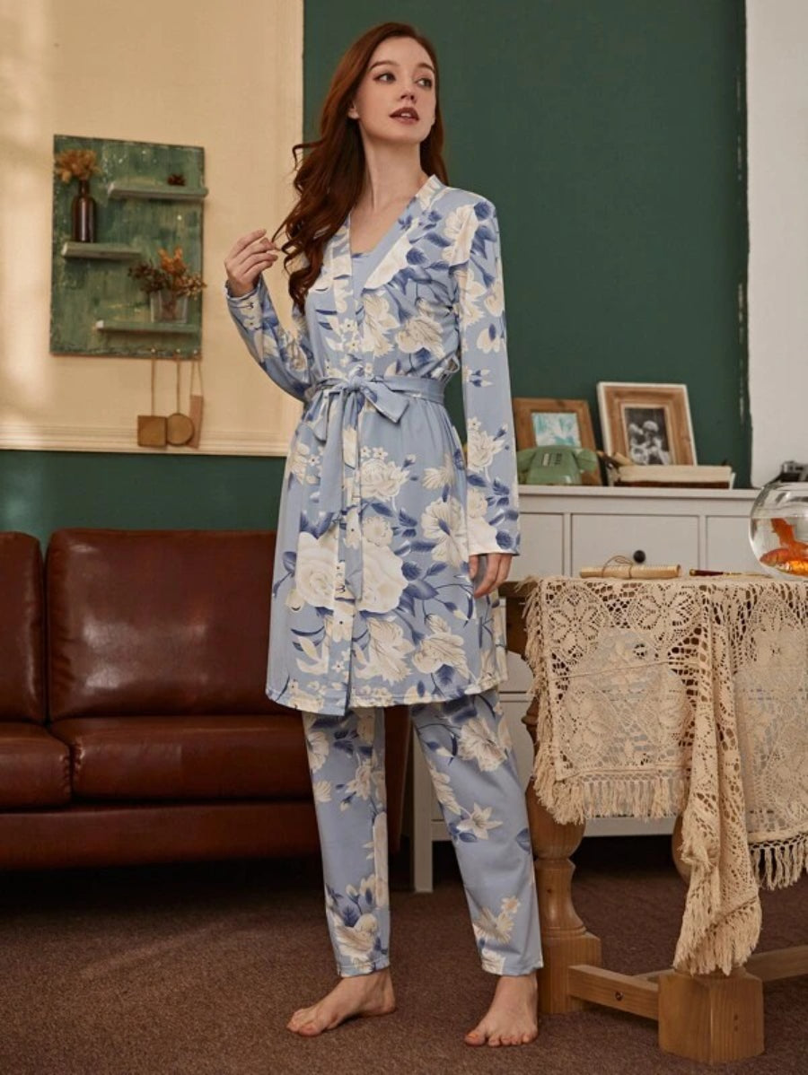 3 Piece Floral Print Belted Robe Set-Soco Hoodie
