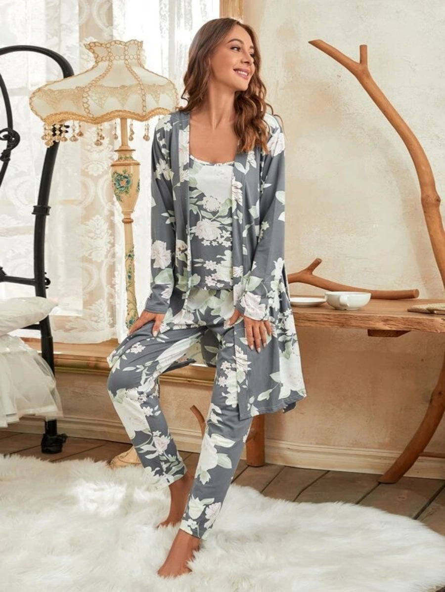 3 Piece Floral Print Belted Robe Set-Soco Hoodie