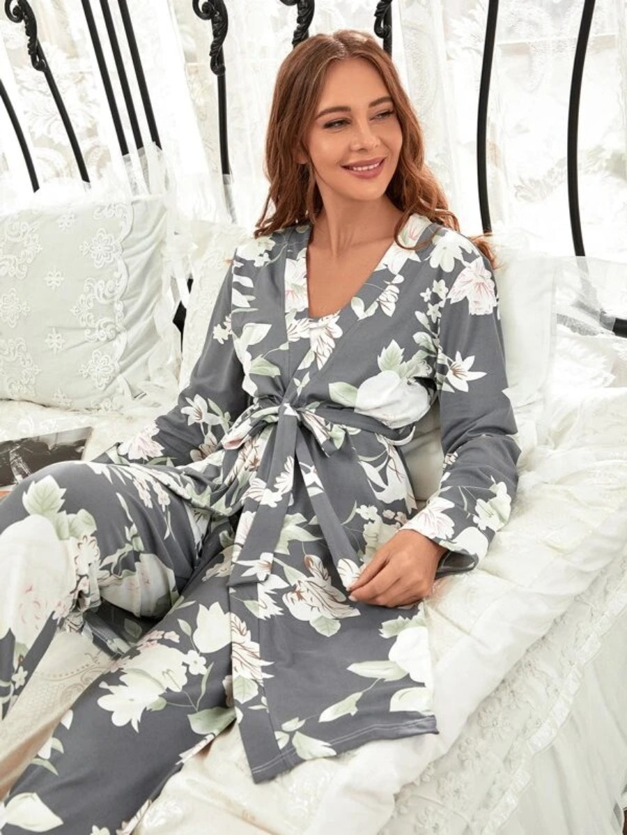 3 Piece Floral Print Belted Robe Set-Soco Hoodie