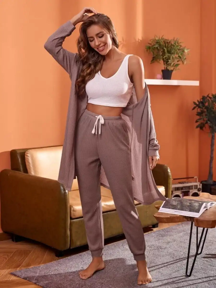 3 Piece Tank Top And Pants Pajama Set With Robe-Soco Hoodie