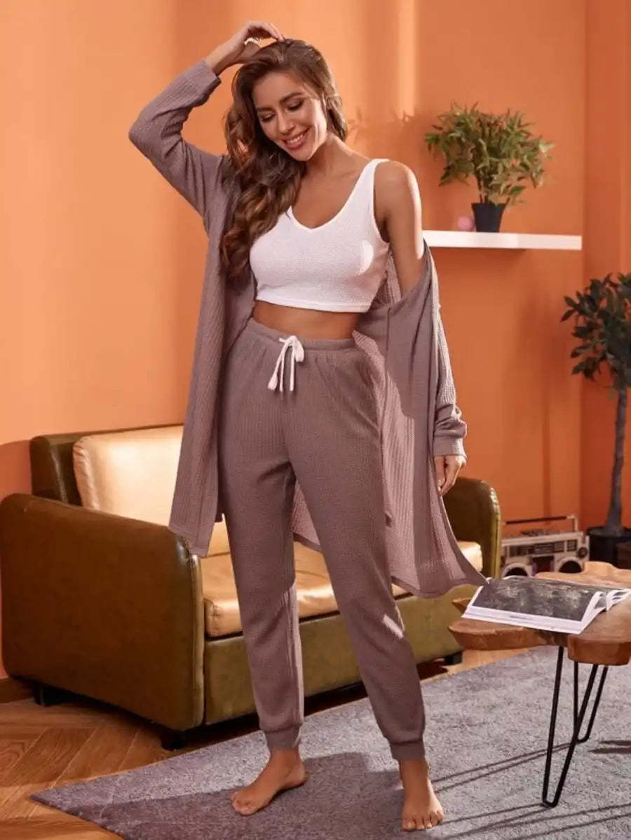 3 Piece Tank Top And Pants Pajama Set With Robe-Soco Hoodie