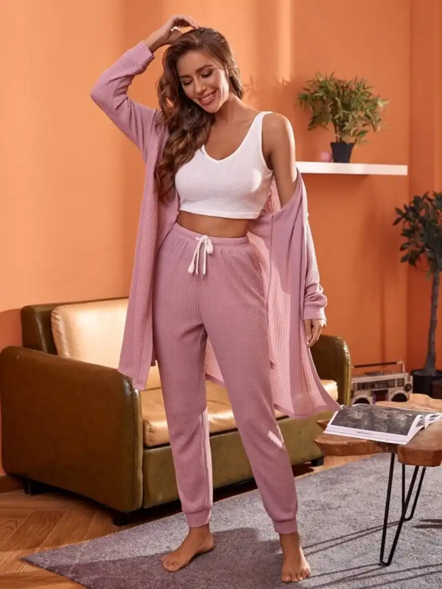 3 Piece Tank Top And Pants Pajama Set With Robe-Soco Hoodie