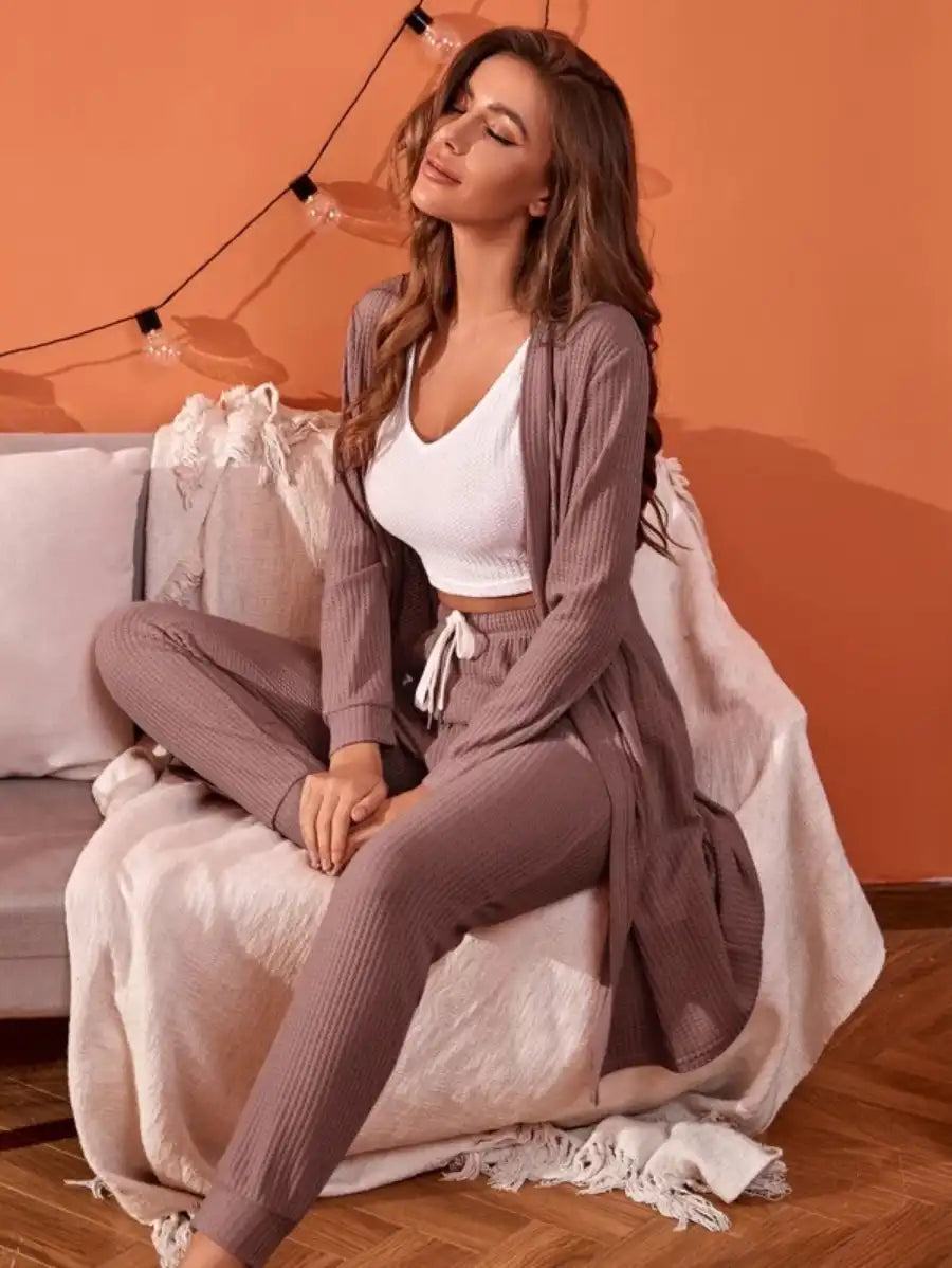 3 Piece Tank Top And Pants Pajama Set With Robe-Soco Hoodie