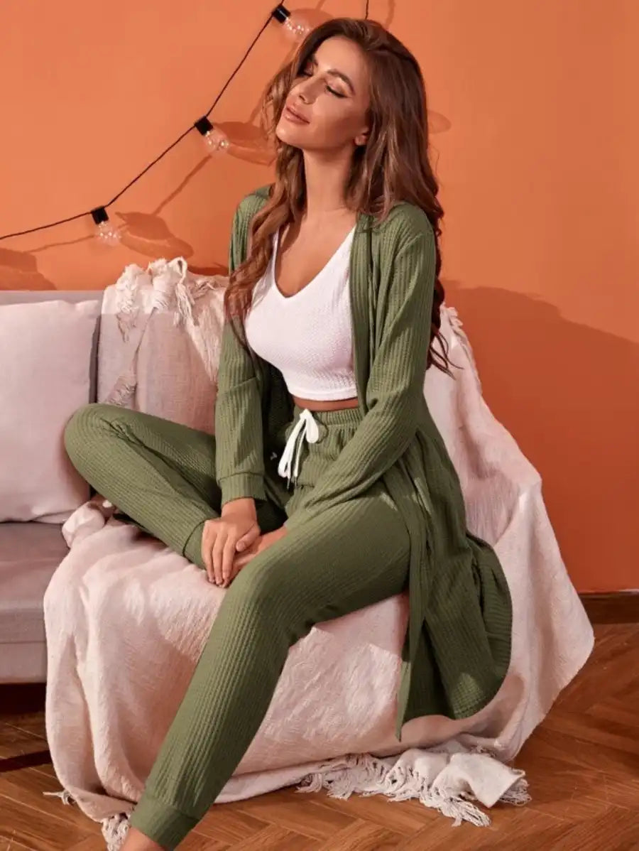 3 Piece Tank Top And Pants Pajama Set With Robe-Soco Hoodie