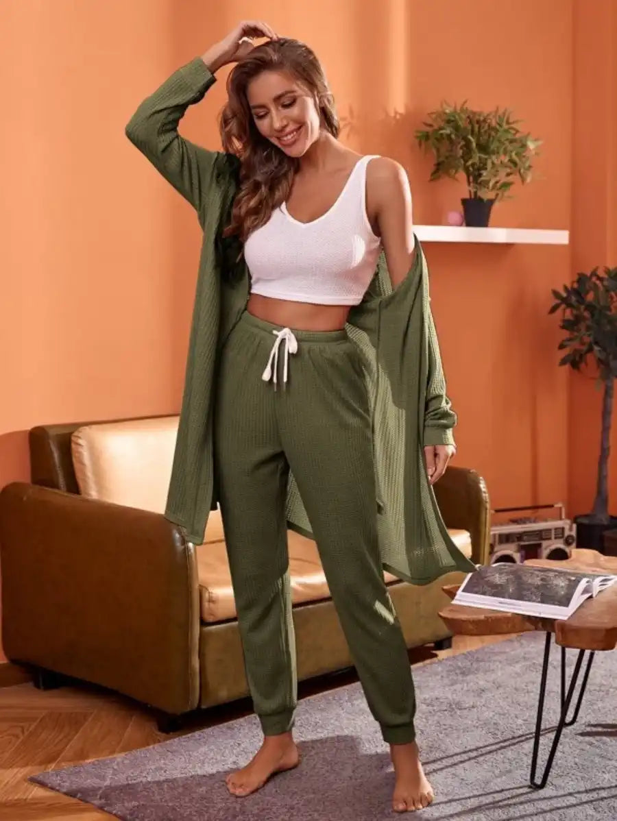 3 Piece Tank Top And Pants Pajama Set With Robe-Soco Hoodie