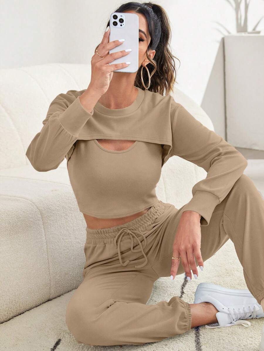 3 Pieces Tank Top Super Crop Pullover And Pants Lounge Set-Soco Hoodie