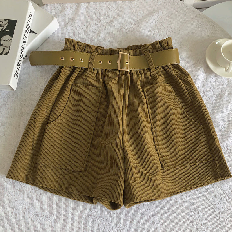 Women Corduroy Casual Straight Shorts With Belt-Soco Hoodie