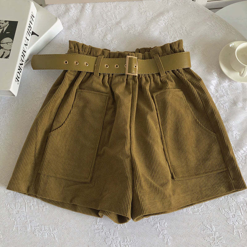 Women Corduroy Casual Straight Shorts With Belt-Soco Hoodie