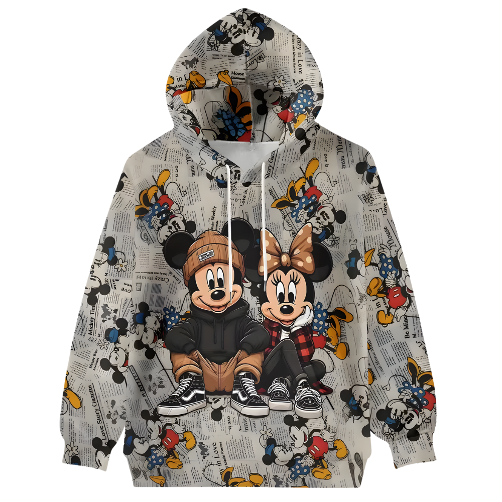 Mickey And Minnie Retro Newspaper Print Oversized Hoodie For Womens