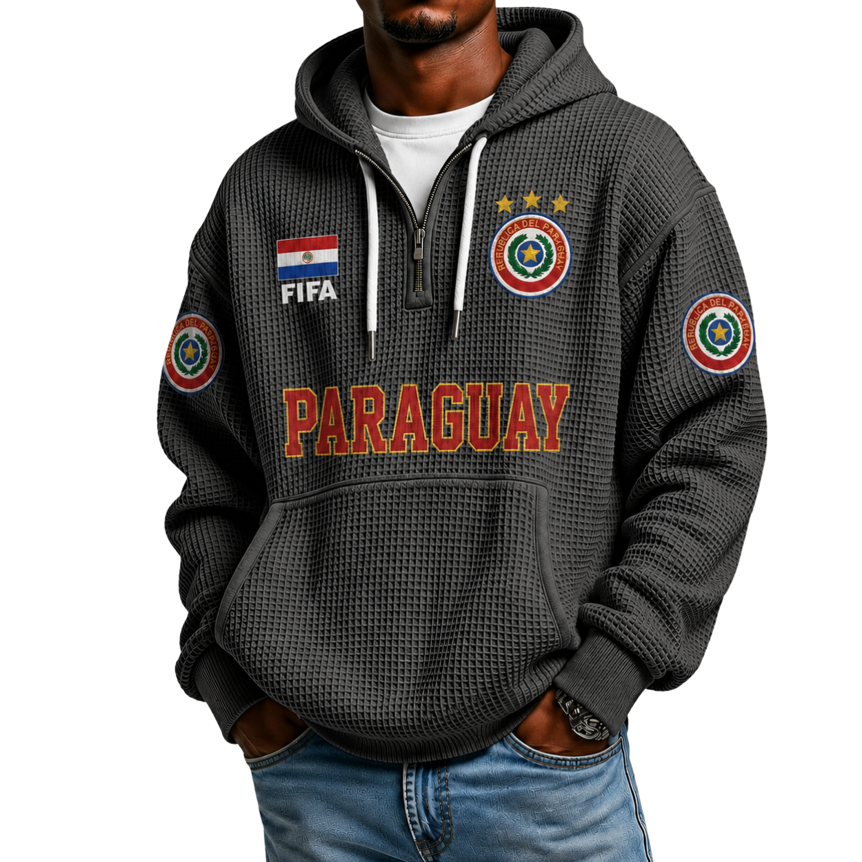 FIFA 2026 Paraguay Printed Waffle Quarter Zip Football Fan Hoodie