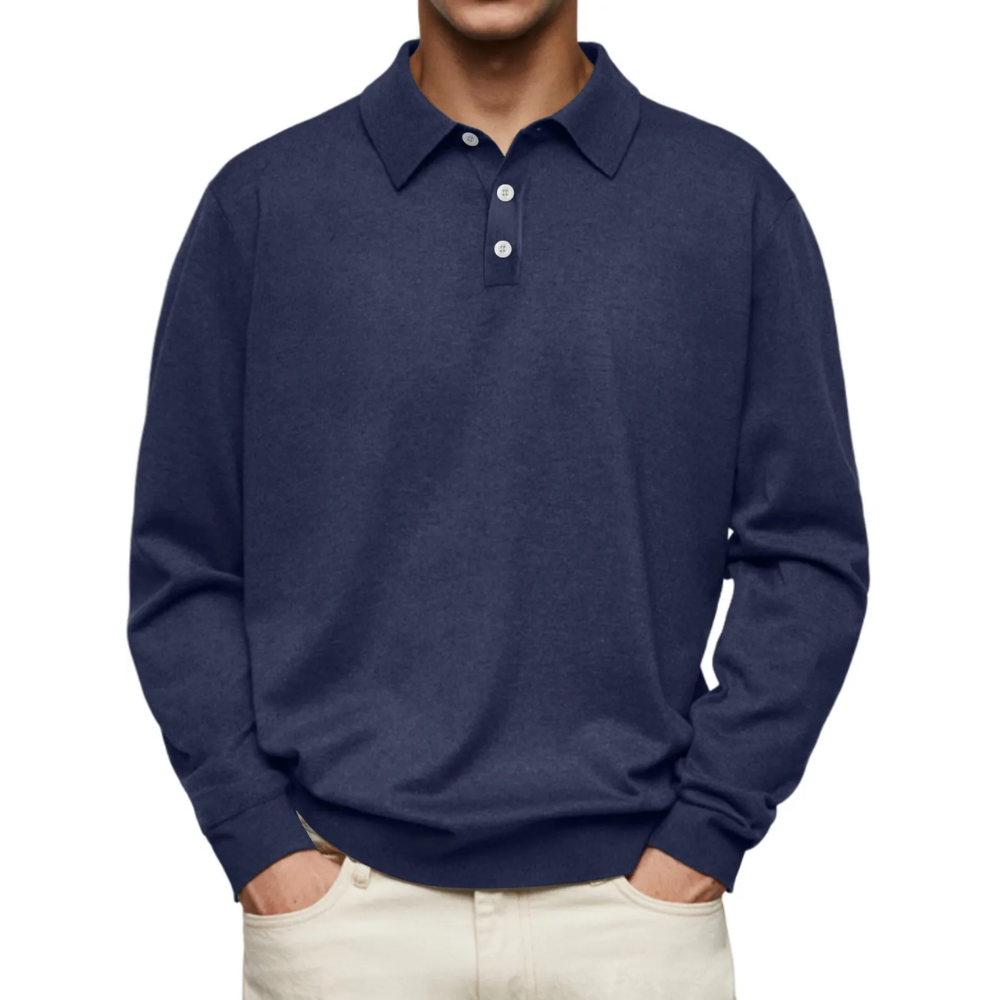 Modern Collared Pullover Featuring Button Closure Navy