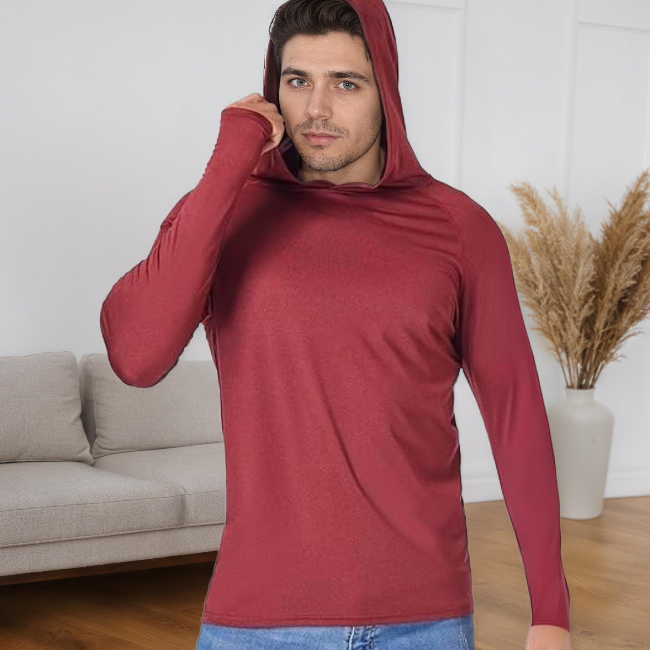 Men UPF 50 Long Sleeve Sun Protection Hoodie Athletic Fishing Shirt with UV Shield and Rash Guard Design