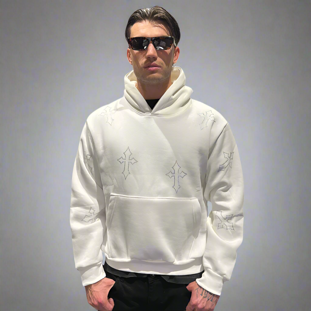 Crystal Cross Embellished Hoodie White
