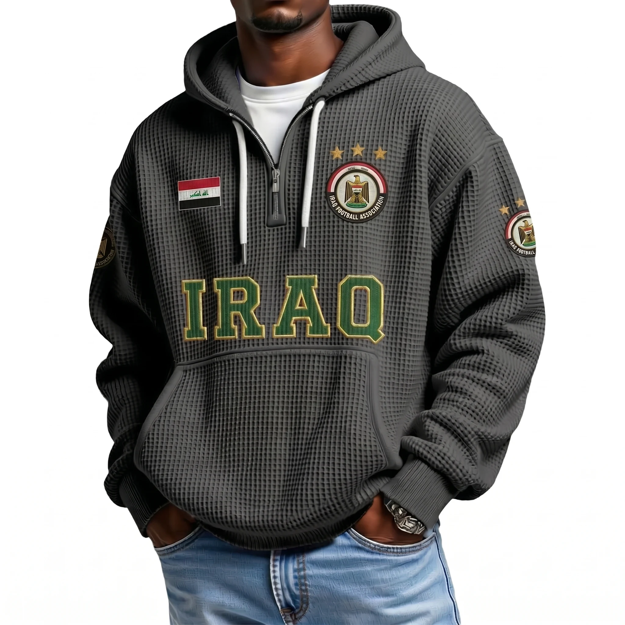 Iraq Printed Waffle Quarter Zip Football Fan Hoodie