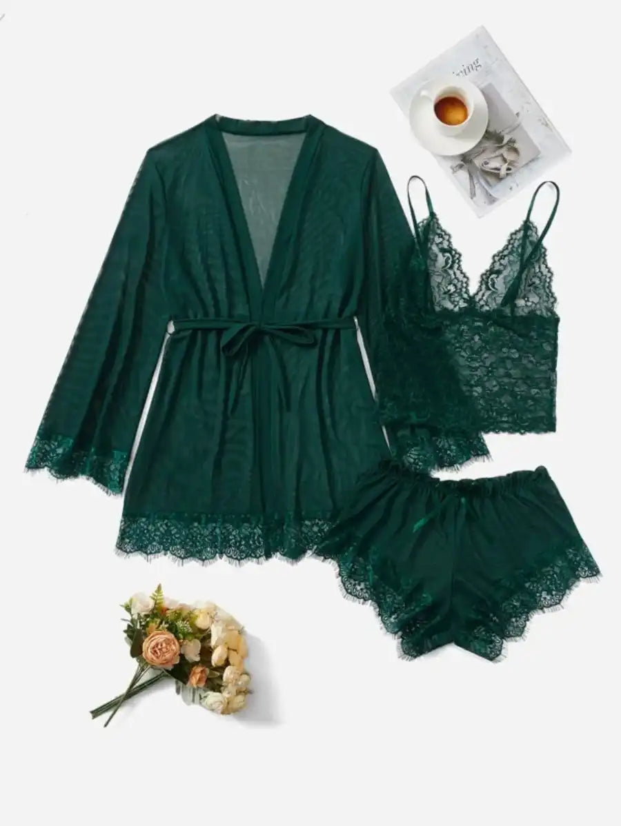 Contrast Lace Mesh Lingerie Set With Robe And Belt-Soco Hoodie