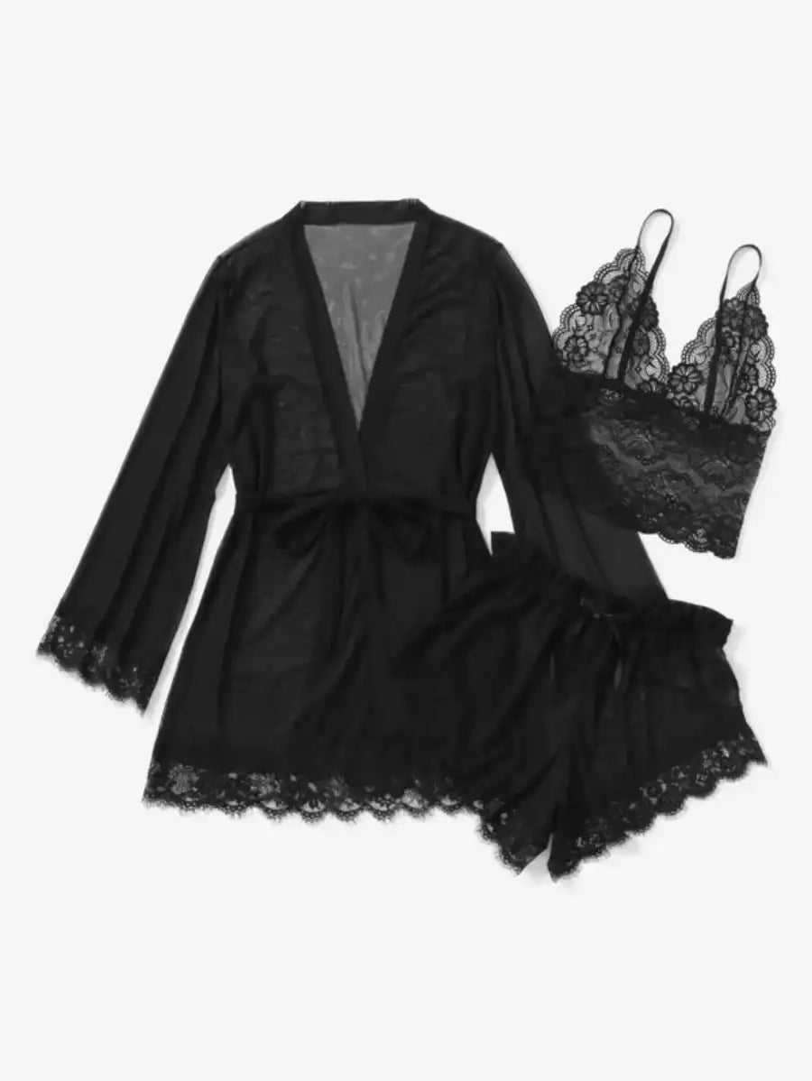 Contrast Lace Mesh Lingerie Set With Robe And Belt-Soco Hoodie