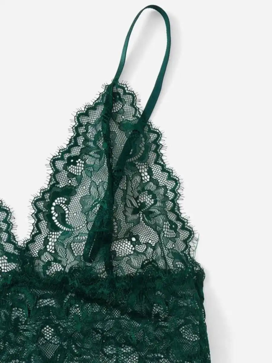 Contrast Lace Mesh Lingerie Set With Robe And Belt-Soco Hoodie