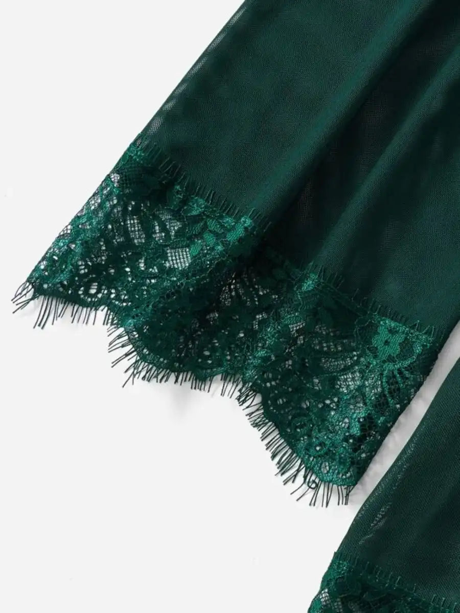 Contrast Lace Mesh Lingerie Set With Robe And Belt-Soco Hoodie