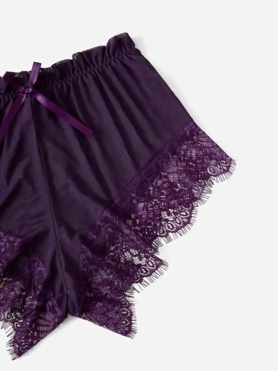 Contrast Lace Mesh Lingerie Set With Robe And Belt-Soco Hoodie