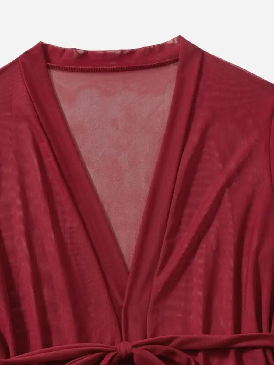 Contrast Lace Mesh Lingerie Set With Robe And Belt-Soco Hoodie