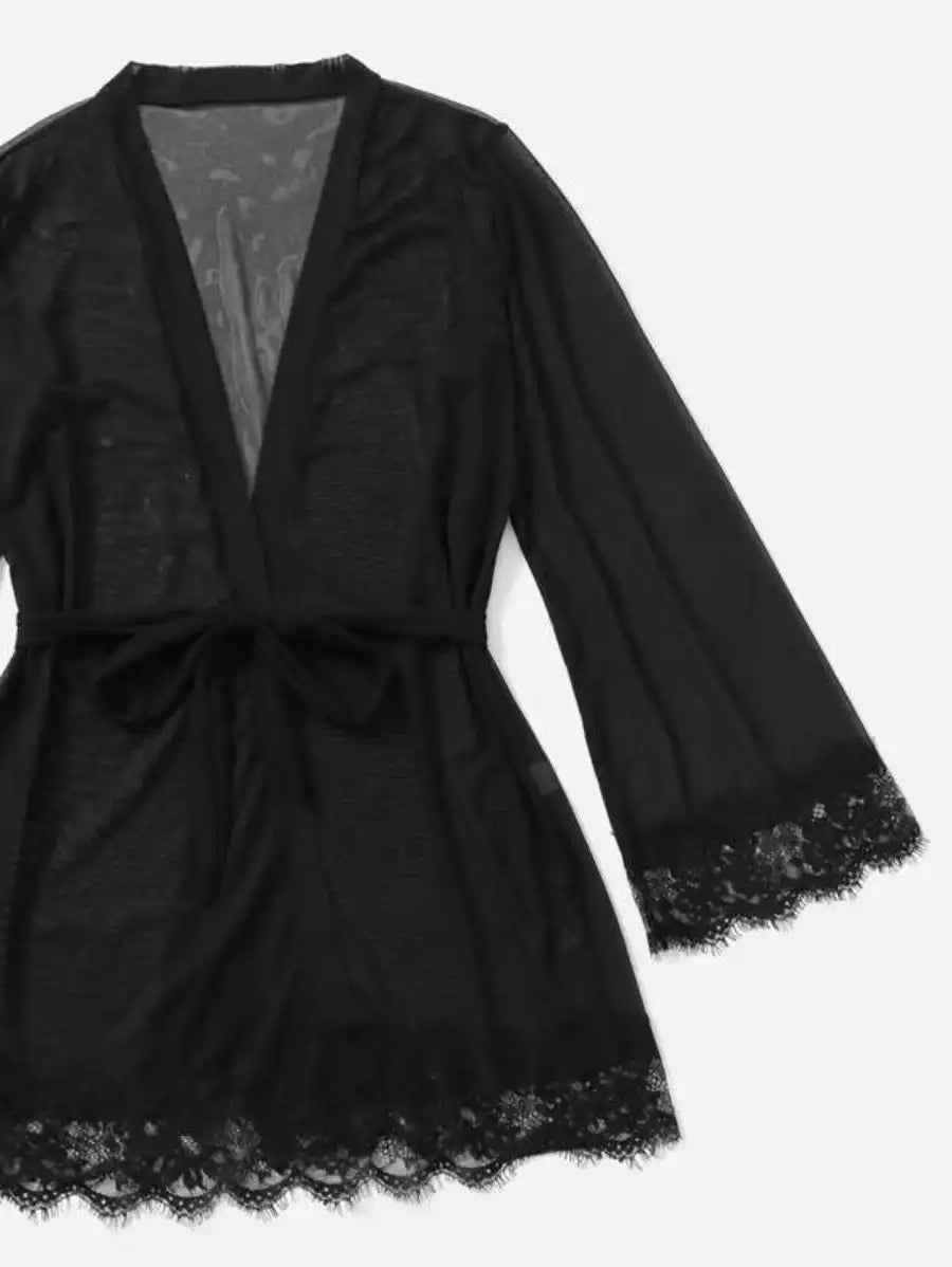 Contrast Lace Mesh Lingerie Set With Robe And Belt-Soco Hoodie