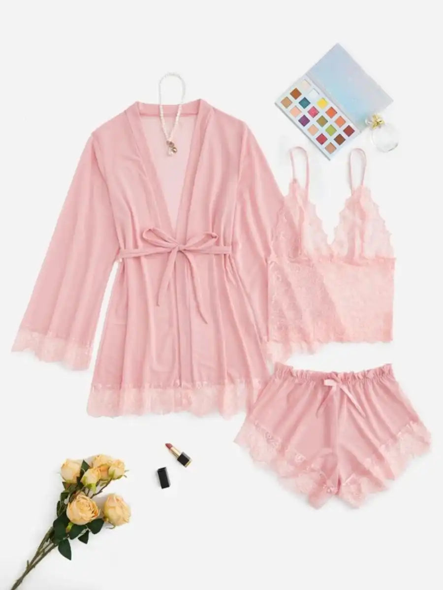 Contrast Lace Mesh Lingerie Set With Robe And Belt-Soco Hoodie