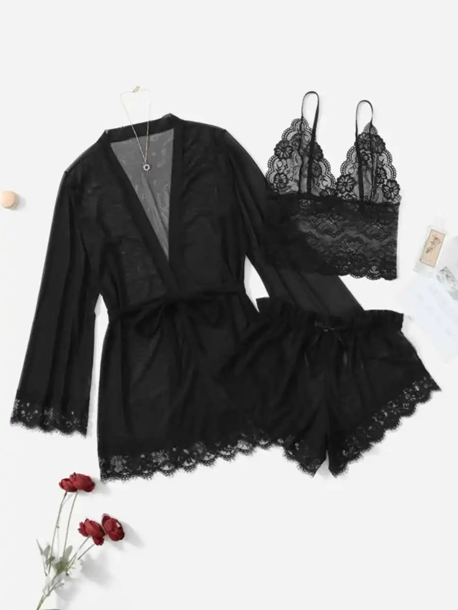 Contrast Lace Mesh Lingerie Set With Robe And Belt-Soco Hoodie