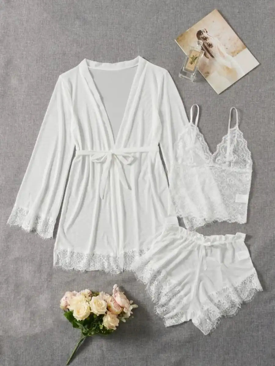 Contrast Lace Mesh Lingerie Set With Robe And Belt-Soco Hoodie