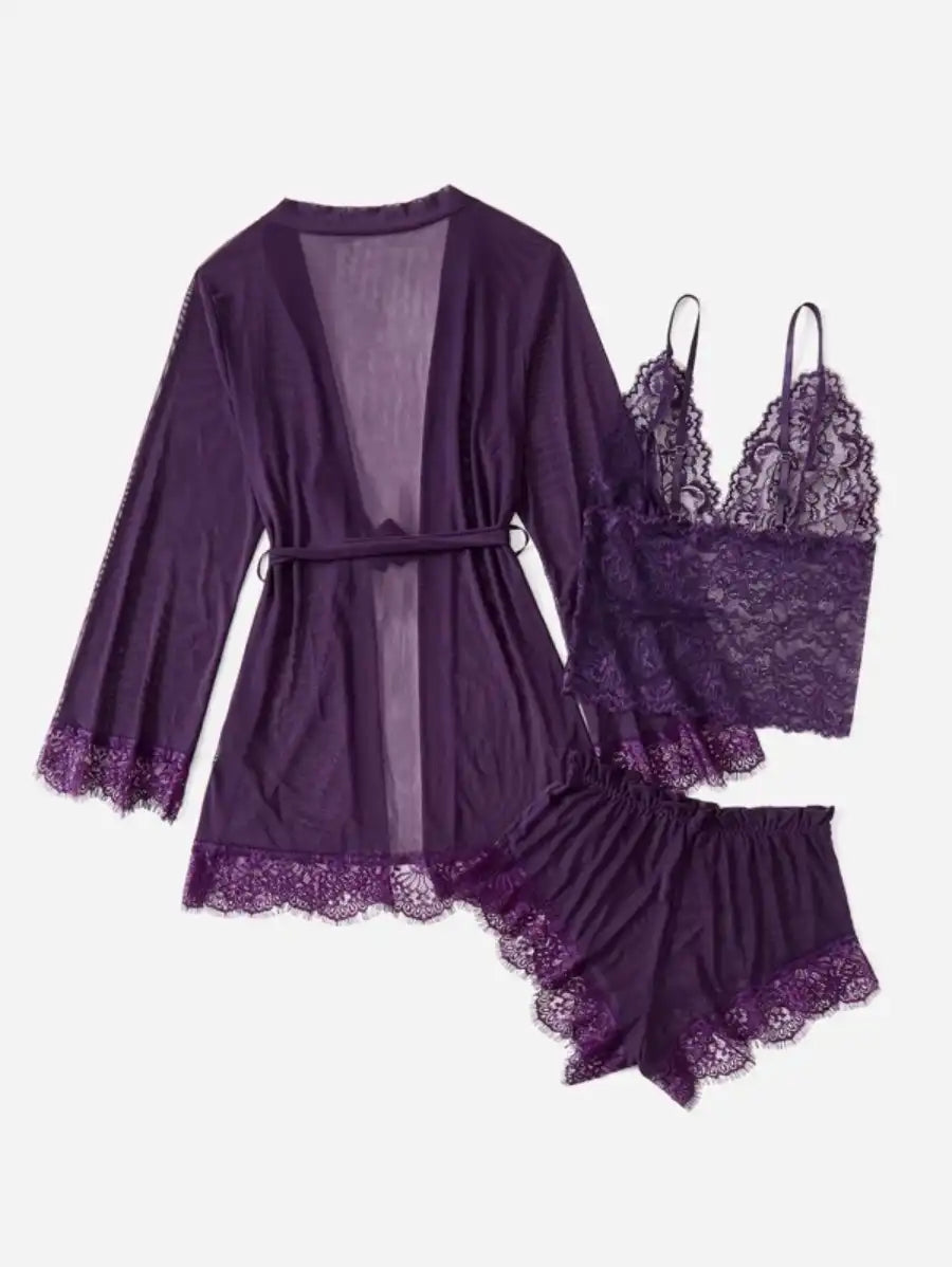 Contrast Lace Mesh Lingerie Set With Robe And Belt-Soco Hoodie