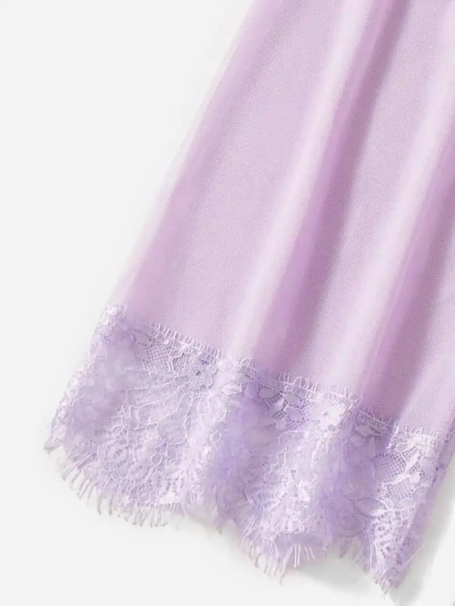 Contrast Lace Mesh Lingerie Set With Robe And Belt-Soco Hoodie