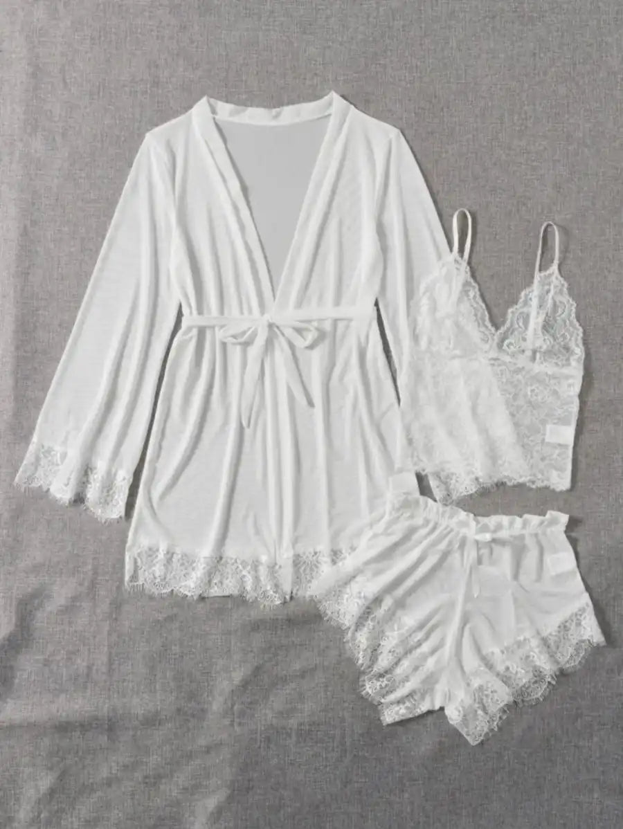 Contrast Lace Mesh Lingerie Set With Robe And Belt-Soco Hoodie
