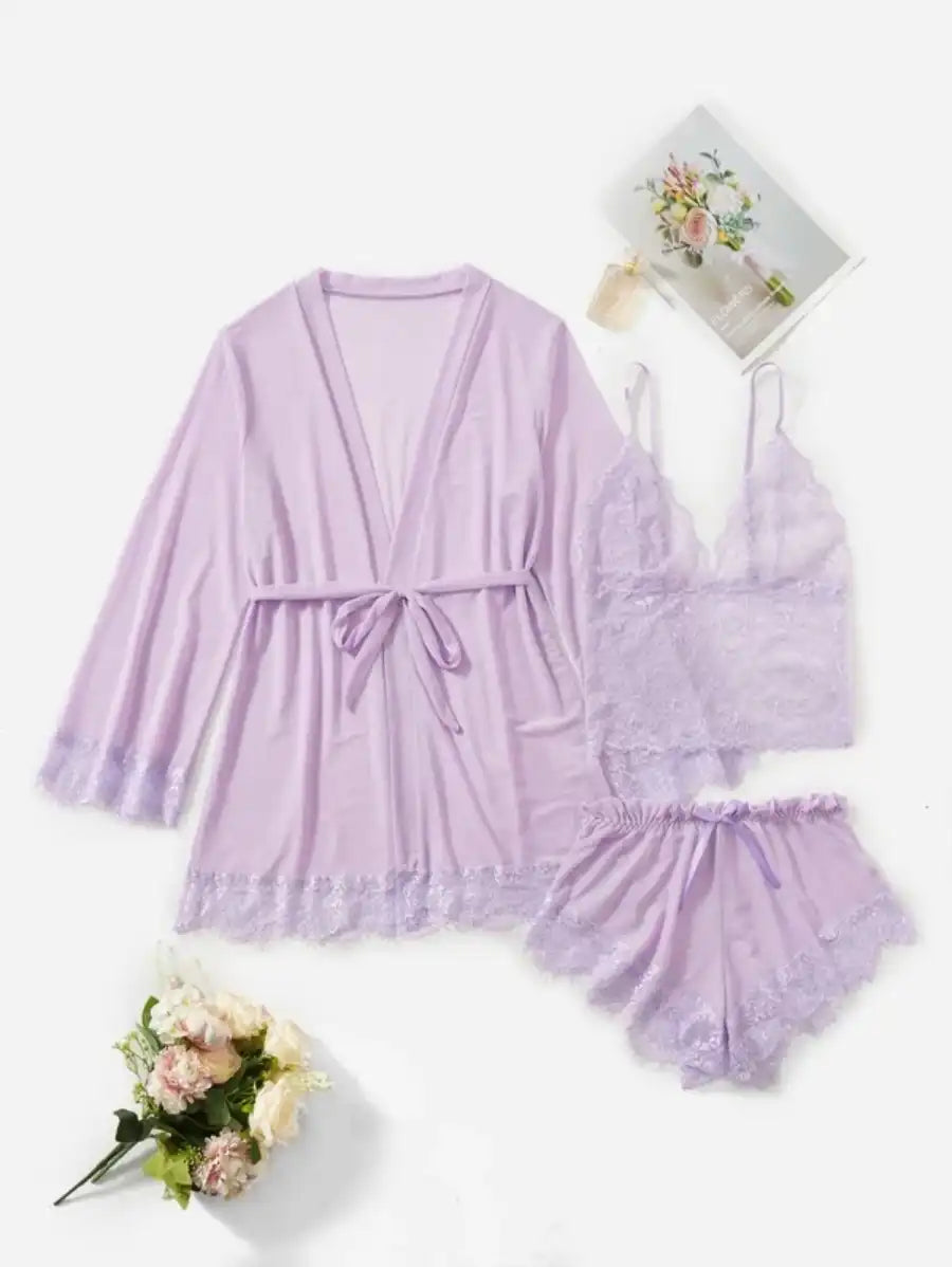 Contrast Lace Mesh Lingerie Set With Robe And Belt-Soco Hoodie