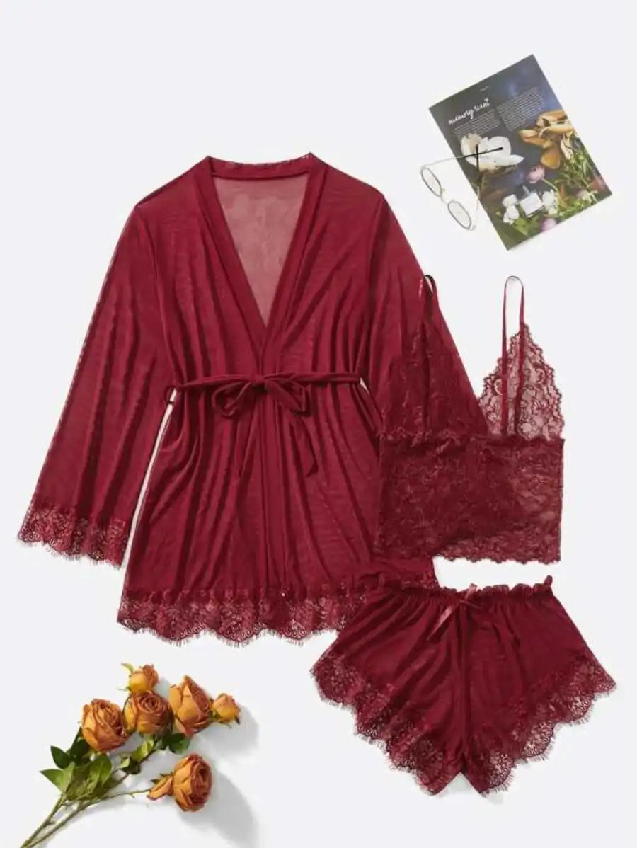 Contrast Lace Mesh Lingerie Set With Robe And Belt-Soco Hoodie