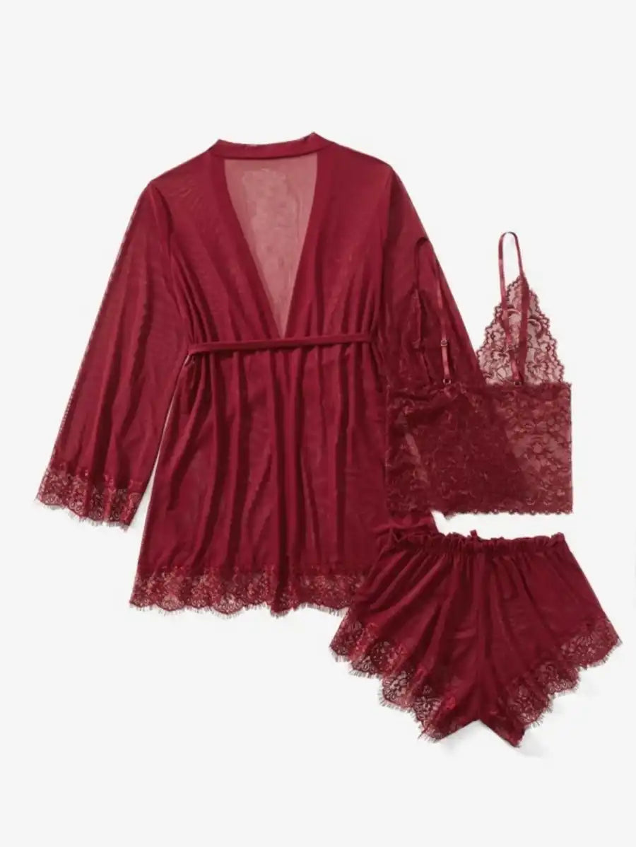 Contrast Lace Mesh Lingerie Set With Robe And Belt-Soco Hoodie