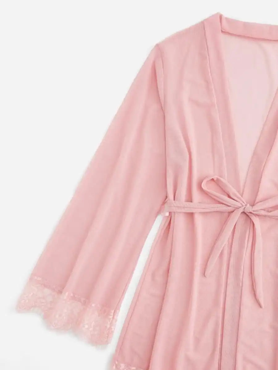 Contrast Lace Mesh Lingerie Set With Robe And Belt-Soco Hoodie