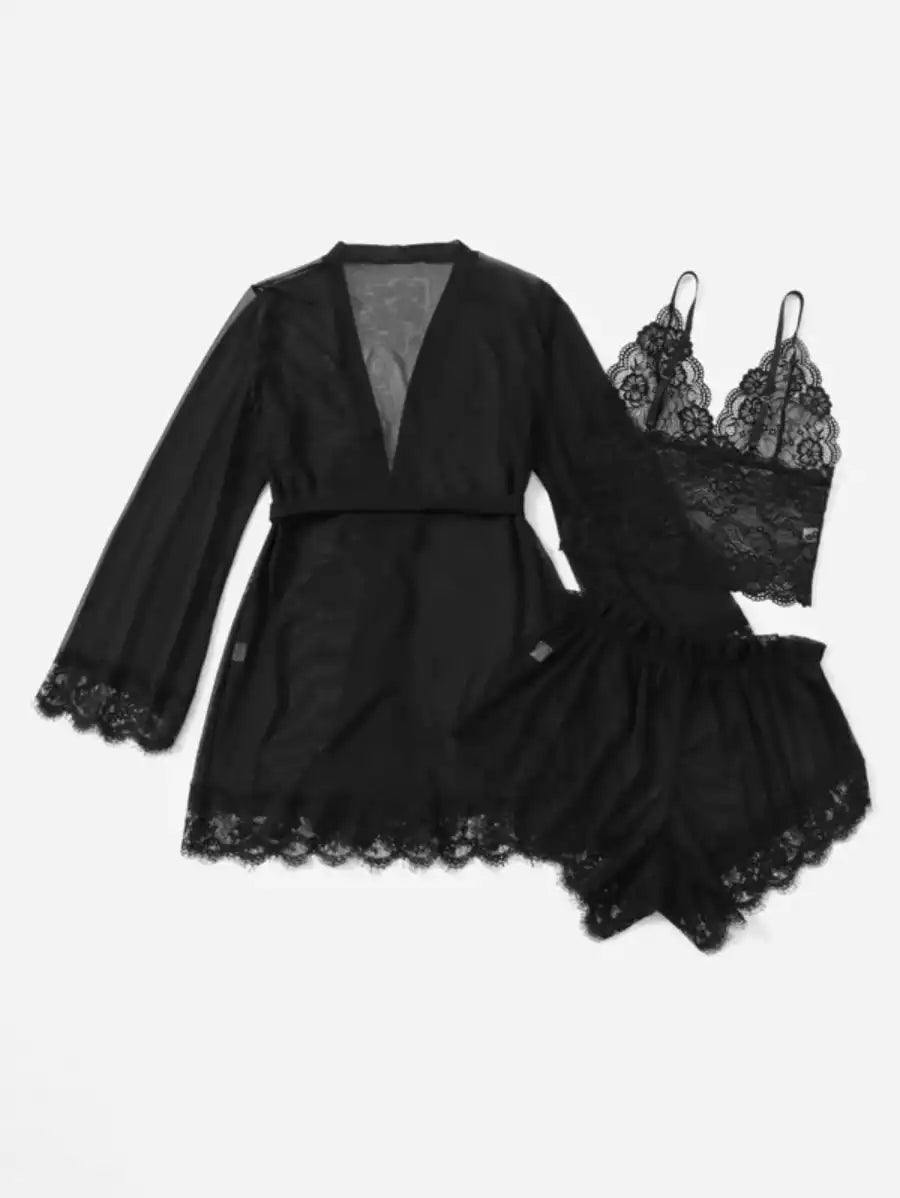 Contrast Lace Mesh Lingerie Set With Robe And Belt-Soco Hoodie