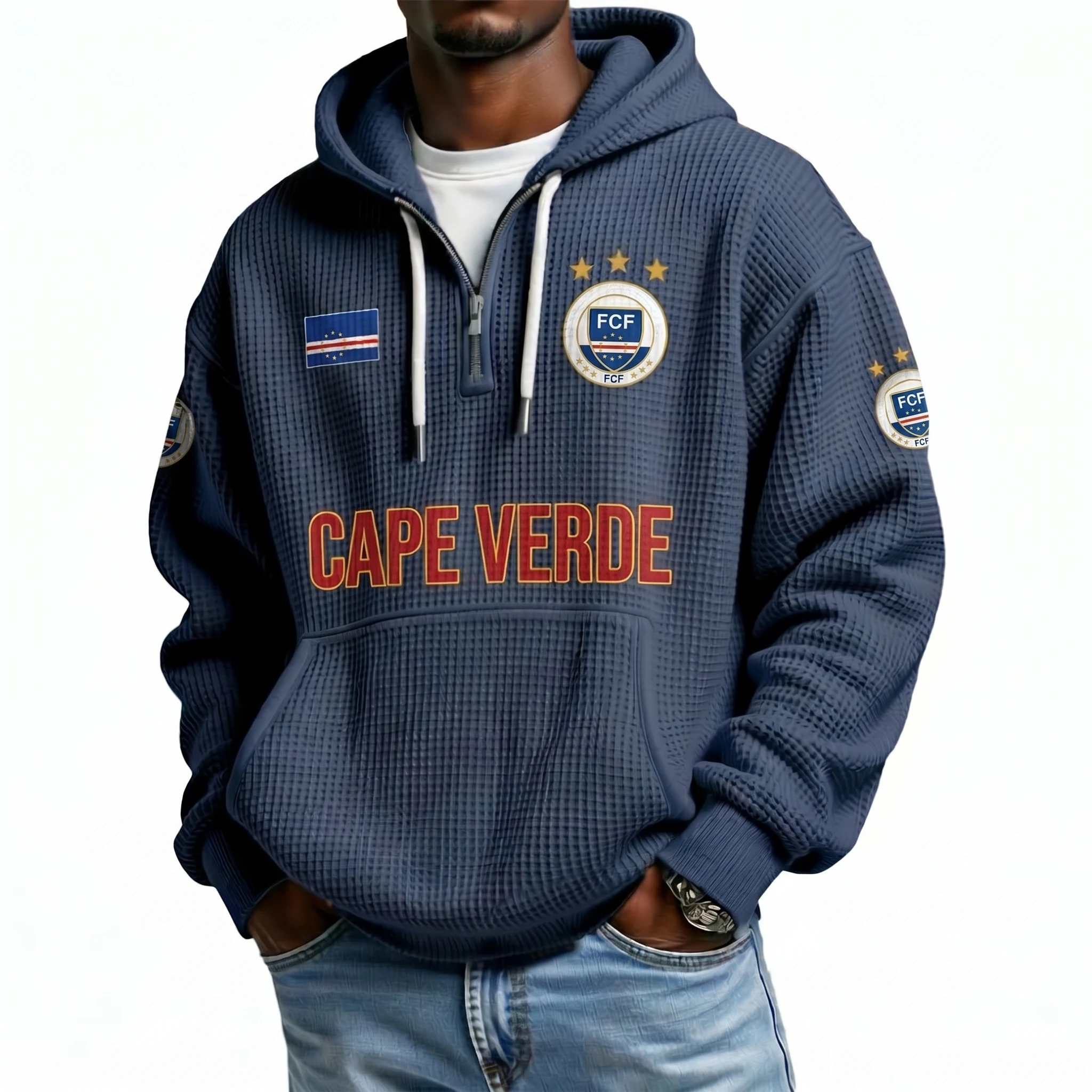 Cape Verde Printed Waffle Quarter Zip Football Fan Hoodie