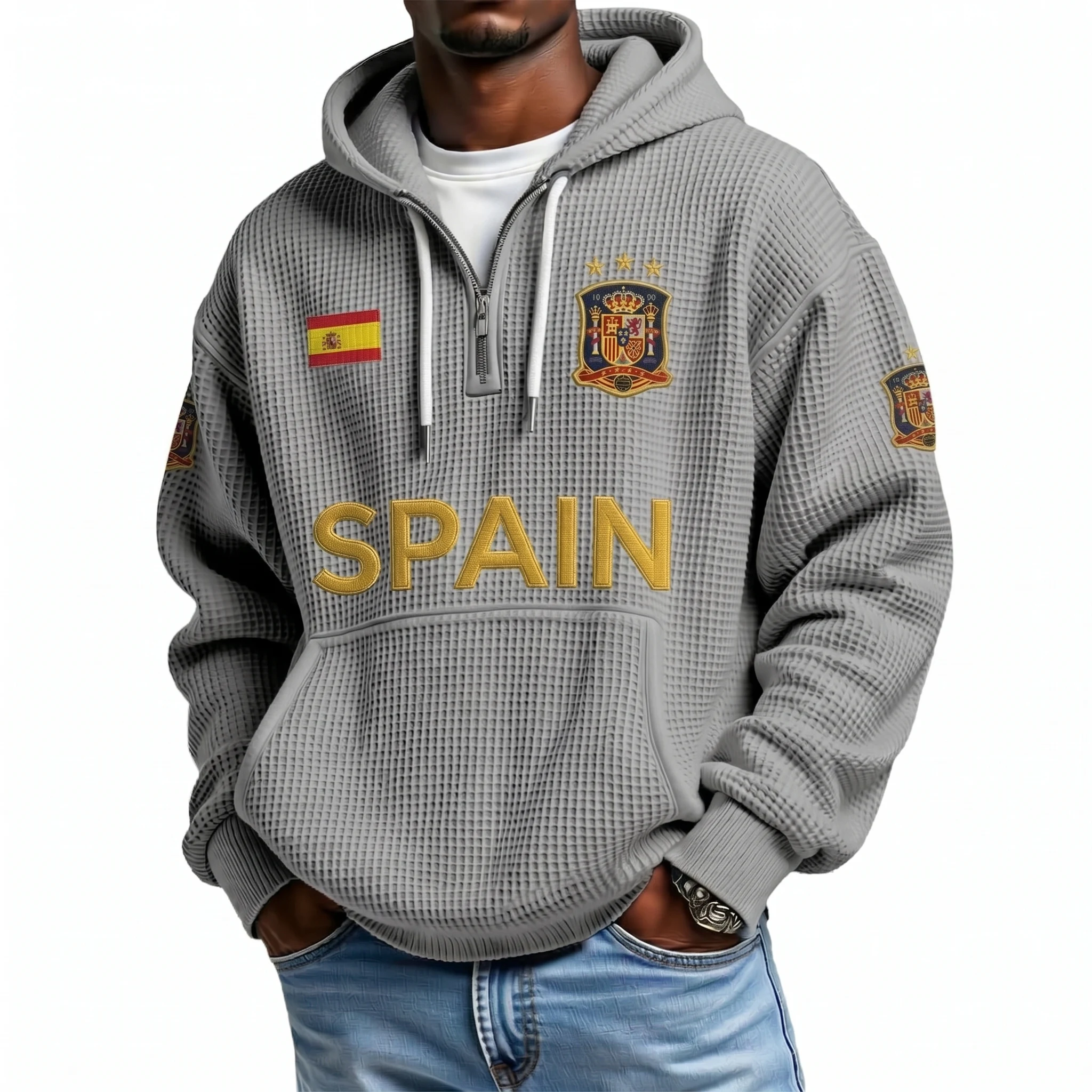 Spain Printed Waffle Quarter Zip Football Fan Hoodie