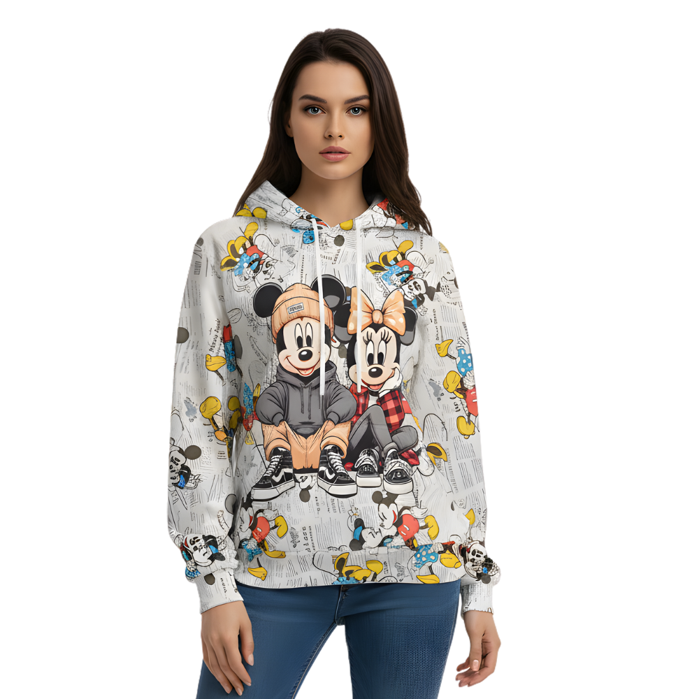 Mickey And Minnie Retro Newspaper Print Oversized Hoodie For Womens