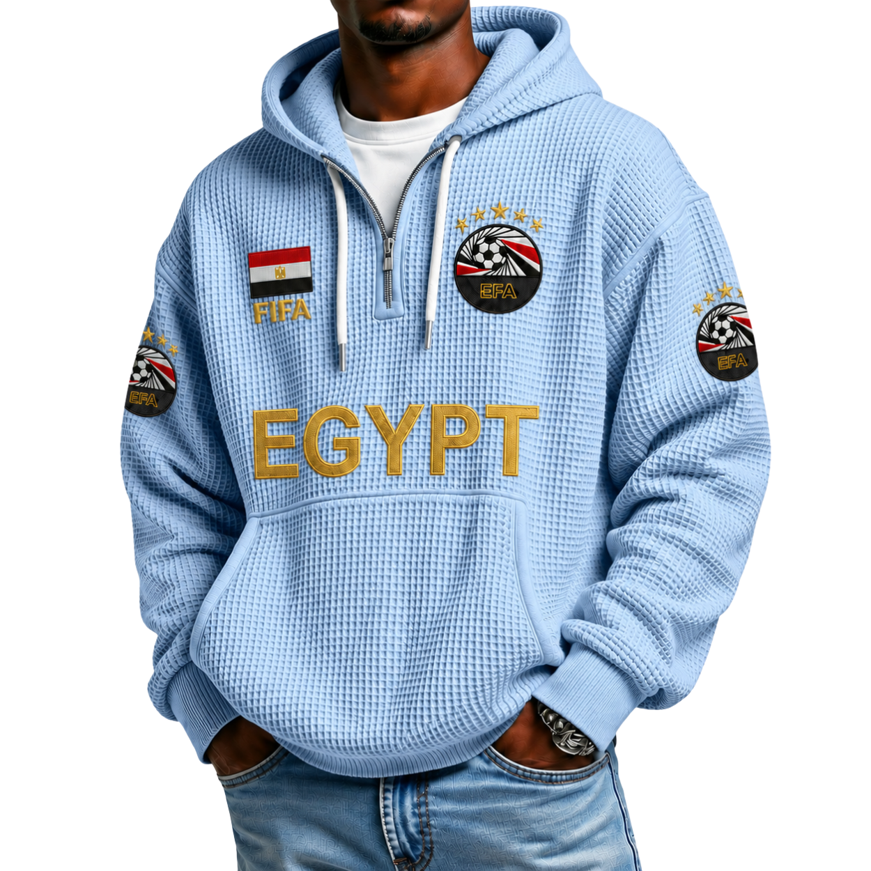 FIFA 2026 Egypt Printed Waffle Quarter Zip Football Fan Hoodie