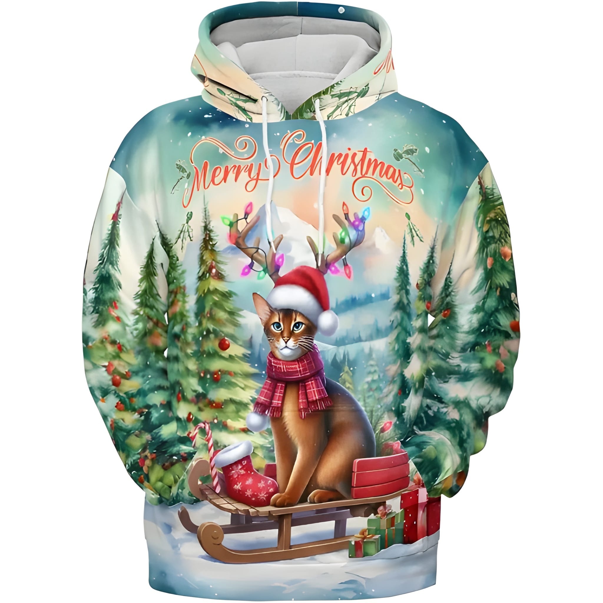 Merry Christmas Cat Reindeer Antler Hoodie Sweatshirt