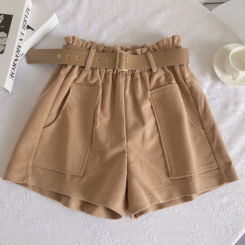 Women Corduroy Casual Straight Shorts With Belt-Soco Hoodie