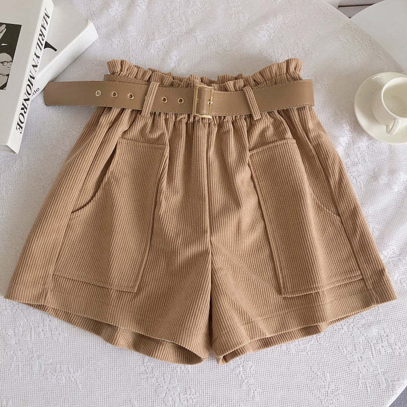 Women Corduroy Casual Straight Shorts With Belt-Soco Hoodie